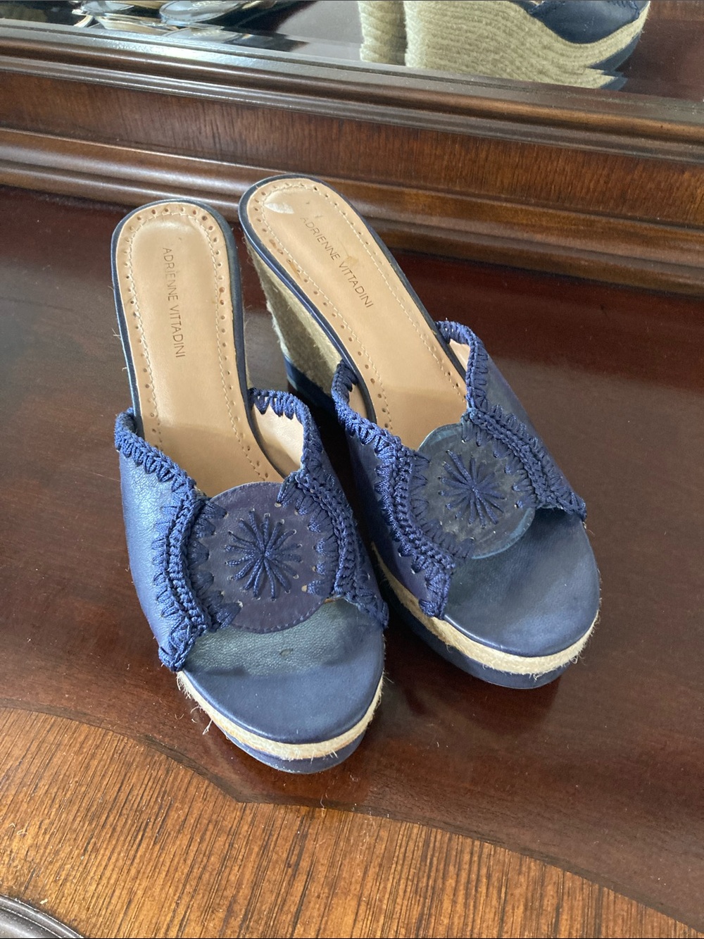 Adrienne Vittadini Navy Wedge Slide Sandals with Embroidered Medallion